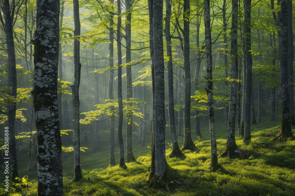 Obraz premium Green forest with beech trees, during spring time, with sun light and shadows, in a morning misty atmosphere.