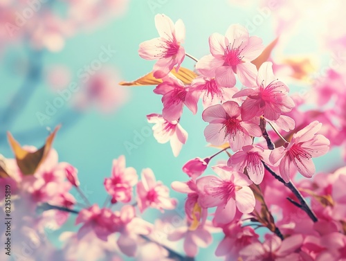 Close-up of vibrant pink cherry blossoms against a soft blue sky  symbolizing renewal and beauty.