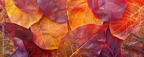 Close-up of colorful autumn leaves displaying vibrant red, orange, and yellow hues, highlighting the beauty of seasonal change. photo