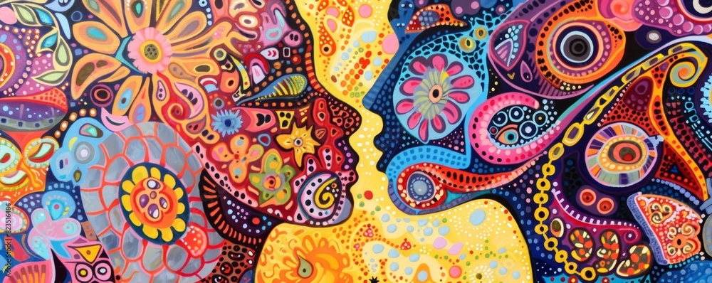 Naklejka premium Colorful abstract art depicting the side profiles of two faces filled with intricate patterns, shapes, and vibrant colors.