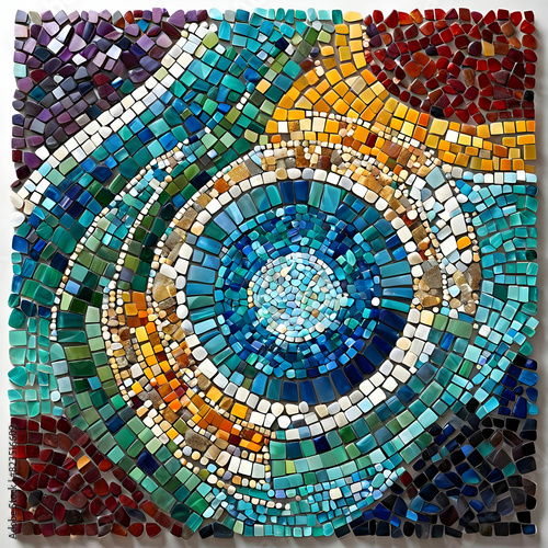 Create a stunning mosaic masterpiece with square shaped pebbles and glass pieces  using a mix of vibrant and muted colors for a unique and eye-catching effect