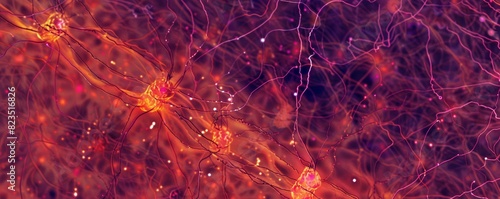 Colorful microscopic view of neural network cells, displaying complex patterns and vivid connections in a biological environment. photo