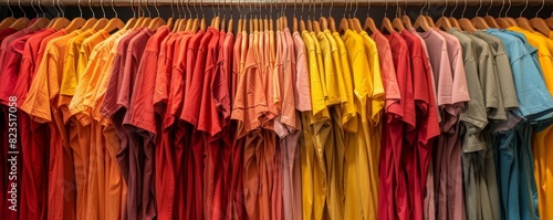 Colorful T-shirts displayed on hangers in a clothing store, showcasing a wide variety of hues, patterns, and designs for fashion enthusiasts.