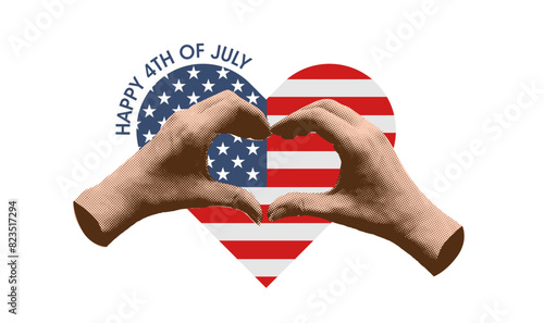 Halftone collage Two hands gesturing shape of heart with American flag on background. Memorial day and Independence day concept. Vector vintage flat illustration.