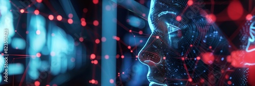 Digital human face with futuristic technology background and data flow, representing AI, machine learning, and digital transformation.