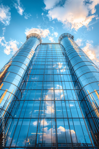 Modern Glass Skyscraper Reflecting Sky and Clouds Against a Bright Blue Sky