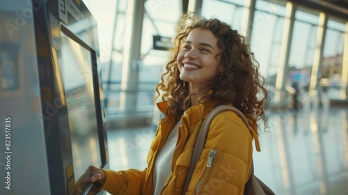 Woman Using Self-Service Kiosk at Airport photo