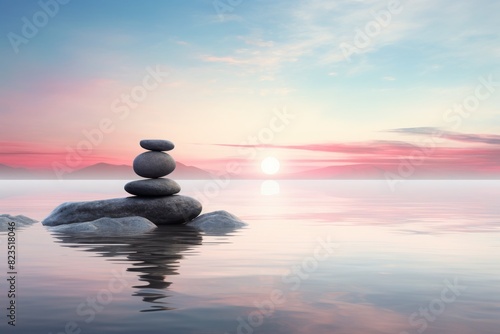 Serene coastal sunrise with balanced stones creating a tranquil and peaceful scene  perfect for mindfulness and relaxation.