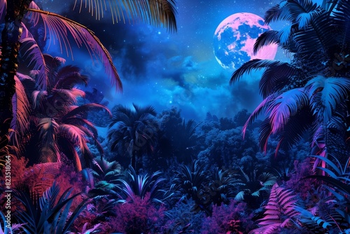 Mysterious Jungle Under Vivid Neon Lights in a Collage Art © Mickey