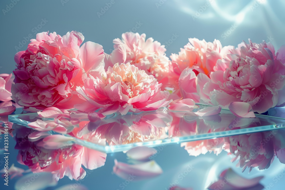 Delicate Pink Peonies with Reflections on a Glass Surface in Ambient Light Delicate Pink Peonies with Reflections on a Glass Surface in Ambient Light