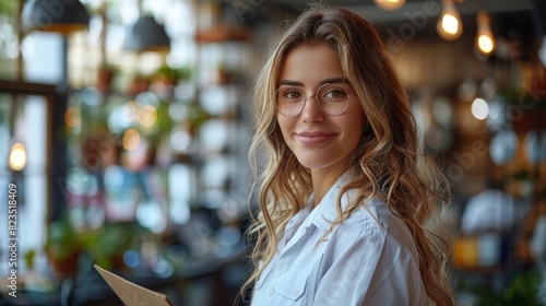 A casually dressed young woman with glasses smiles in a café environment, possibly a waitress photo