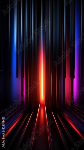 Abstract futuristic background with vibrant neon lights and dark vertical lines, perfect for tech themes and modern designs.