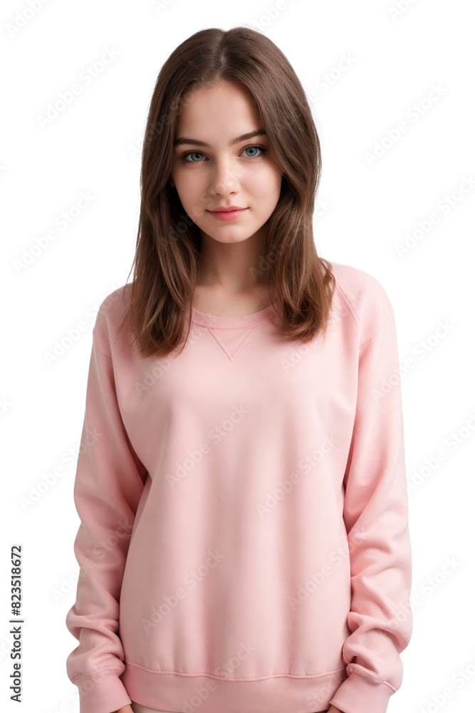 Beautiful young woman wearing a pink pullover, relaxed and looking at the camera, isolated, transparent background, no background. PNG. Beautiful young woman wearing a pink pullover, relaxed and looking at the camera, isolated, transparent background, no background. PNG.