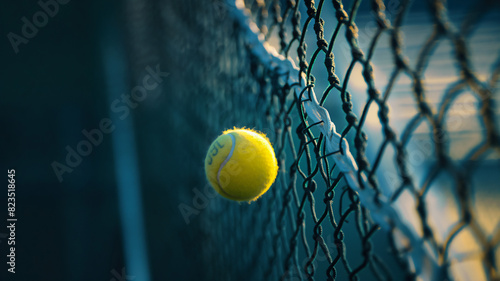 A tennis ball caught in mid-air, striking a chain-link fence, with sunlight casting a dramatic glow on the scene, highlighting the action and tension. © Ritthichai