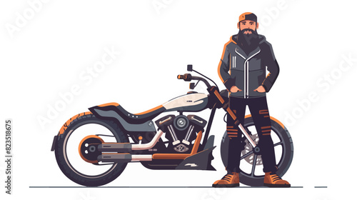 Illustration of a bearded biker next to a motorcycle. Biker lifestyle.