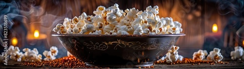 A large bowl of freshly popped popcorn with a warm, glowing background, perfect for a cozy movie night or theatrical ambiance.