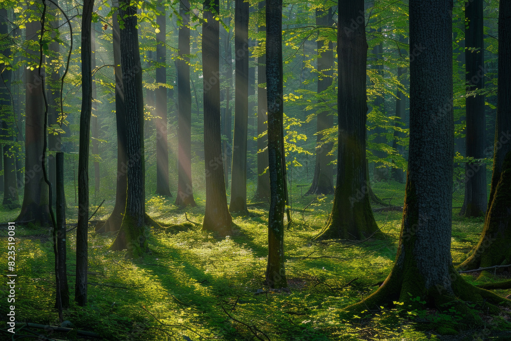 Obraz premium Green forest with beech trees, during spring time, with sun light and shadows, in a morning misty atmosphere.