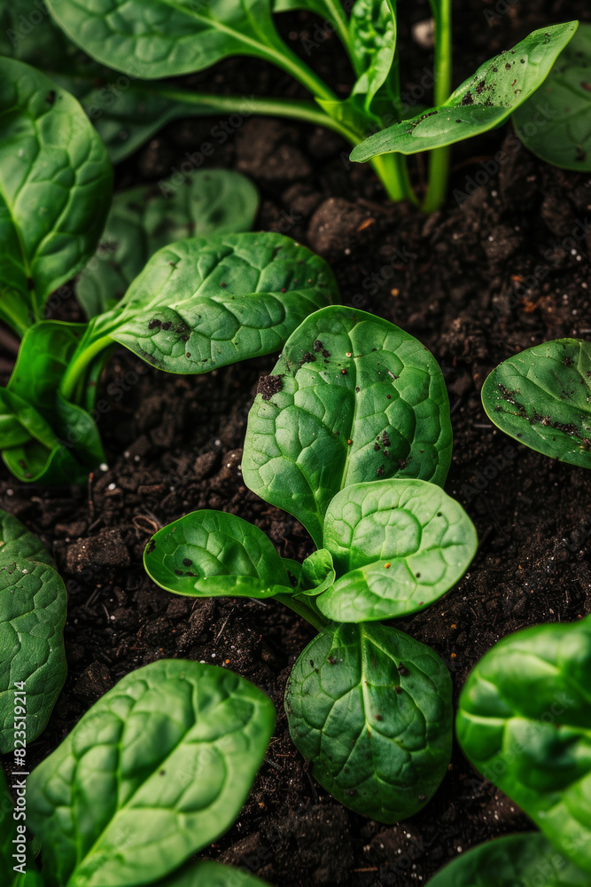 Close Up of Fresh Spinach Leaves Growing in Rich Soil Garden Close Up of Fresh Spinach Leaves Growing in Rich Soil Garden