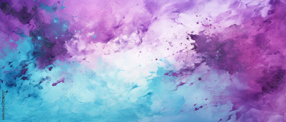 Purple and teal abstract splatter background with copy space,