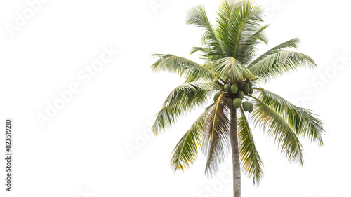 A tall coconut palm tree with lush green fronds and coconuts hanging  set against a plain white background  showcasing its tropical beauty.
