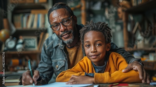 Black male father teaching his son to do his homework on the table at home