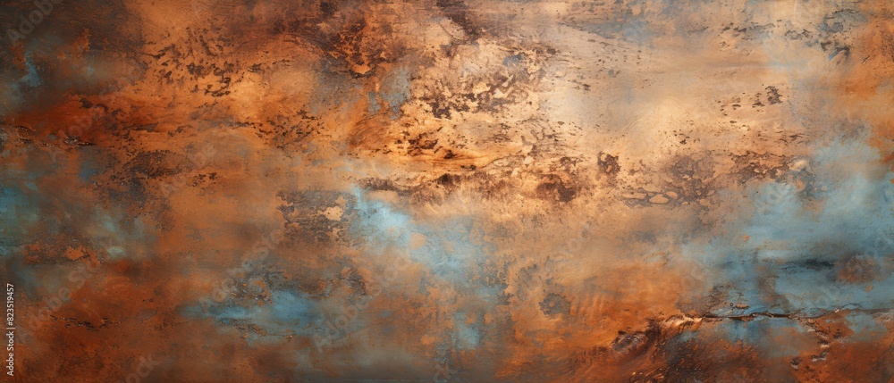 Polished copper surface with natural patina, rustic copy space