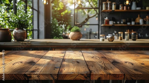 An inviting image showcasing a rustic wooden table in a kitchen with warm, natural light and greenery photo