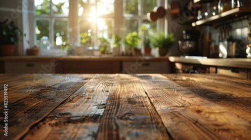 Sunlight bathes a wooden table in a bright homely kitchen, highlighting warmth and domestic comfort