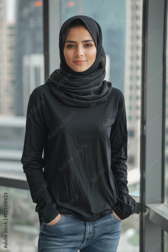 Confident Arab woman in blank black t-shirt and black hijab, standing indoor, mockup Confident Arab woman in blank black t-shirt and black hijab, standing indoor, mockup