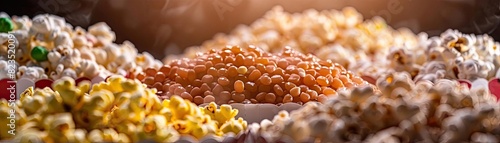 Close-up of a variety of colorful popcorn flavors in a bowl, perfect for movie night, snacks, or a fun event. photo