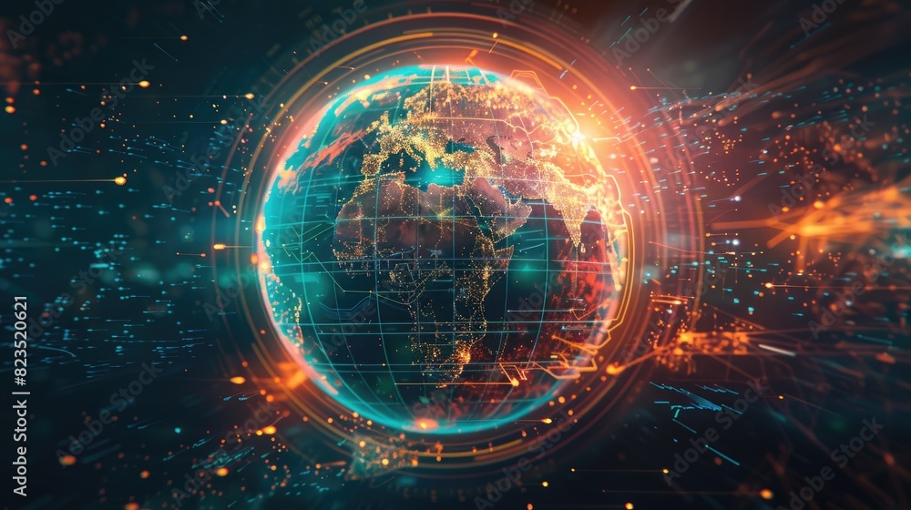 Obraz premium Digital globe with network connections, Social network communication in the global computer networks, Futuristic earth globe, Science and technology background