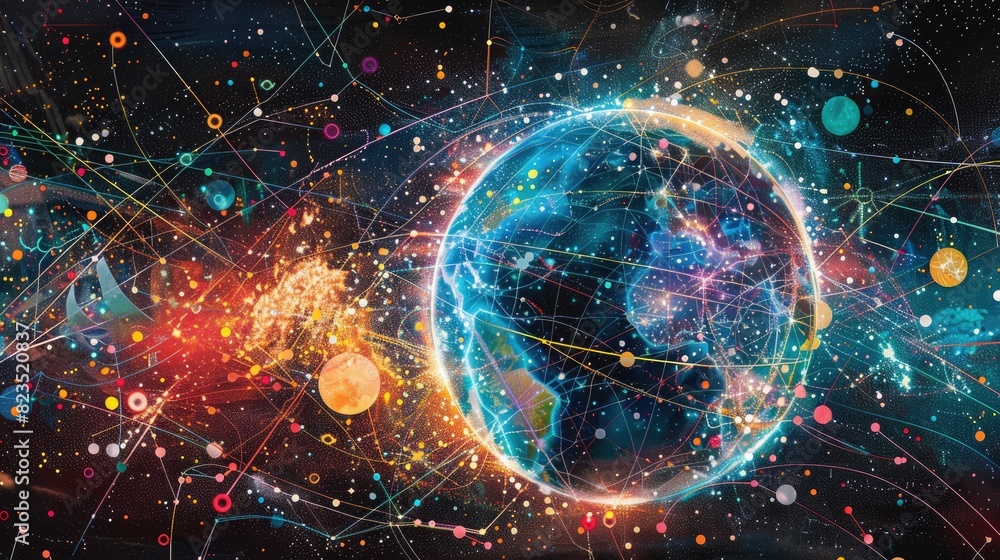 Obraz premium Global network connection. Abstract illustration of a technology data network surrounding planet earth , Abstract global technology network background