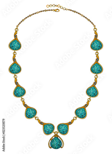 Necklace jewelry design set with turquoise sketch by hand on paper.