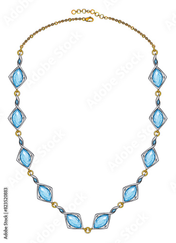 Necklace jewelry design set with blue topaz sketch by hand on paper.