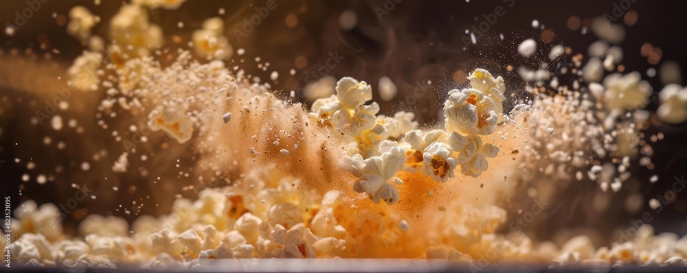 Close-up of popcorn exploding with a burst of flavor, highlighting the excitement and action of food in motion. Close-up of popcorn exploding with a burst of flavor, highlighting the excitement and action of food in motion.