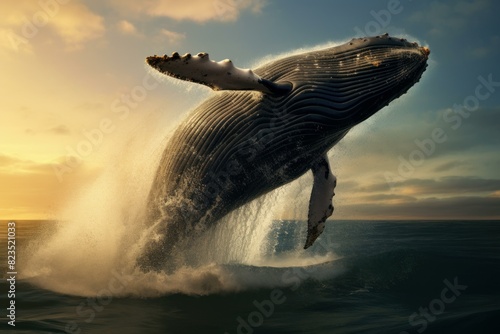 Powerful humpback whale leaps from the ocean against a stunning sunset backdrop