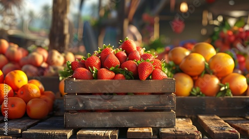 A crate of strawberries sits in front of other crates of fruit  including oranges and apples.