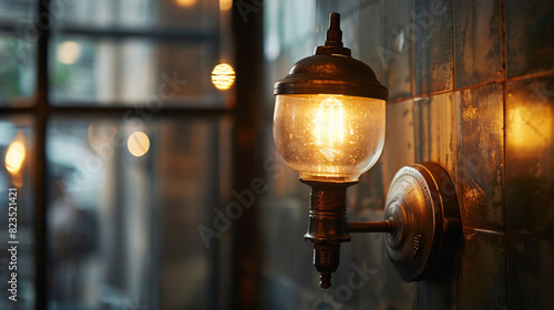 Retro lamp in steam punk style on the wall indoors photo