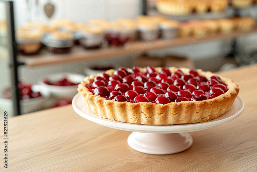 Tasty cherry pie on a light wooden table in bakery. Tasty cherry pie on a light wooden table in bakery.