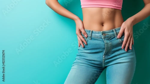 Fit young woman posing against a vibrant aqua background wearing pink crop top and blue jeans.