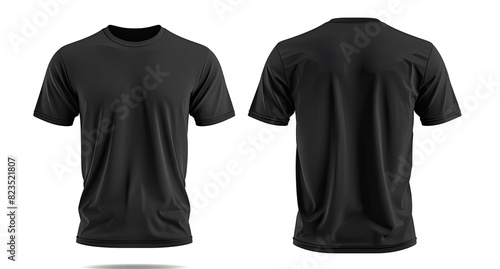 A black tshirt viewed from both front and back, laid on a white surface