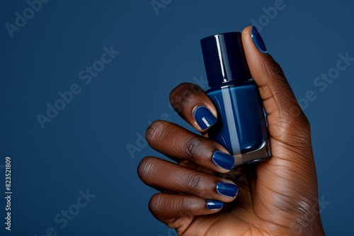Womans Hand With Short Nails Painted In Deep Blue Holding a Deep BLue Nail Polish Bottle Blue Background Nail Salon