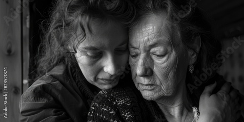 Black and white photo of two elderly women. Suitable for various concepts and designs photo