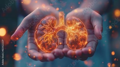 Hands holding an artistic representation of lungs in a vibrant, fiery night scene.