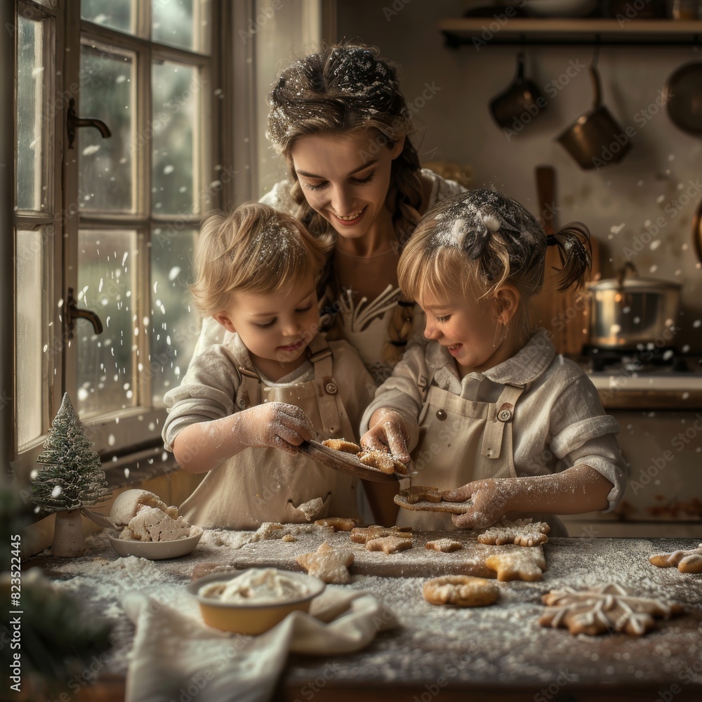 Family cooking Christmas dessert together, mother with children making Christmas cookies in kitchen