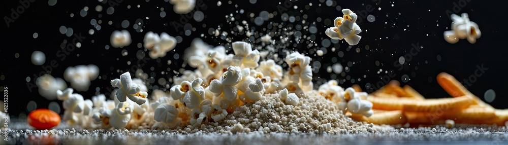 Dynamic close-up image of popcorn and french fries in motion, against a black background, showcasing food scattering energetically. Dynamic close-up image of popcorn and french fries in motion, against a black background, showcasing food scattering energetically.