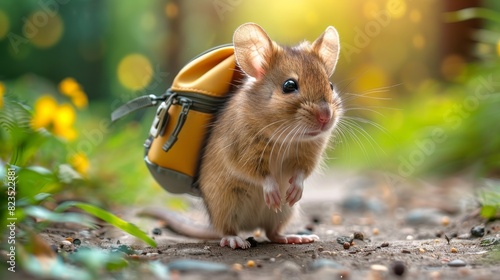 An enchanting image of a mouse with a yellow backpack standing in a forest with golden light and greenery © familymedia