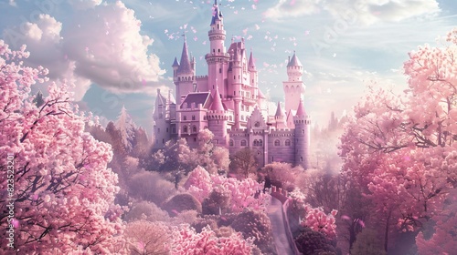 A pink castle with blue and purple turrets and a blue roof. photo