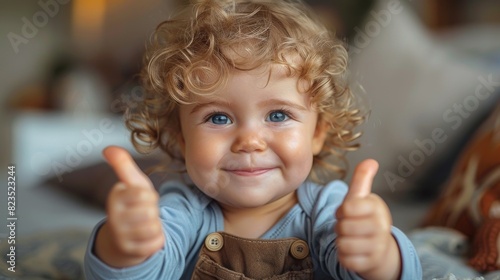 A smiling young child with bouncy golden curls gives a thumbs-up, embodying cheerfulness and charm photo
