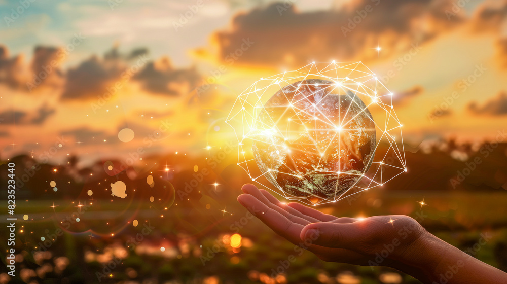 Hand holding a miniature version of the earth, conceptual image. business globe with network connected to digital marketing strategy and creative solution. Communication, connectivity Hand holding a miniature version of the earth, conceptual image. business globe with network connected to digital marketing strategy and creative solution. Communication, connectivity